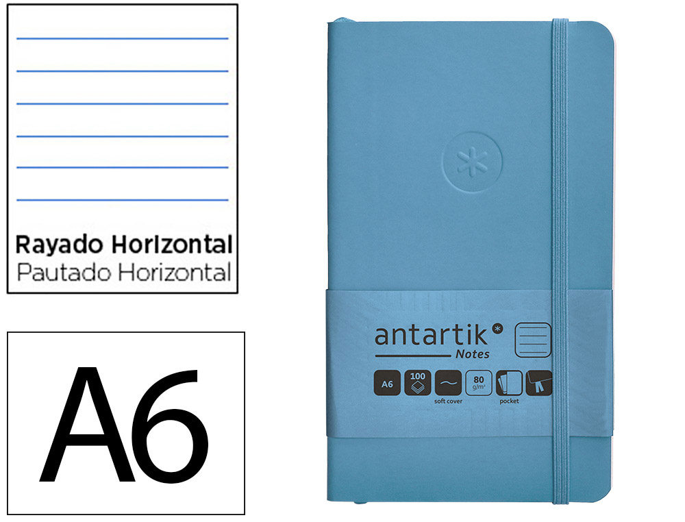CADERNO COM ELASTICO ANTARTIK NOTES CAPA MOLE A6 PAUTADO AZUL CLARO 100 FOLHAS 80 GR FSC