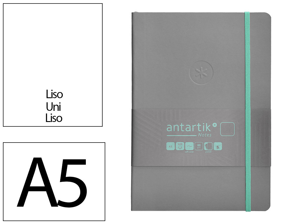 CADERNO COM ELASTICO ANTARTIK NOTES CAPA MOLE A5 LISO CINZA E TURQUESA 80 FOLHAS 80 GR FSC