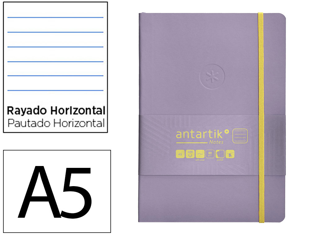 CADERNO COM ELASTICO ANTARTIK NOTES CAPA MOLE A5 PAUTADO ROXO E AMARELO 80 FOLHAS 80 GR FSC