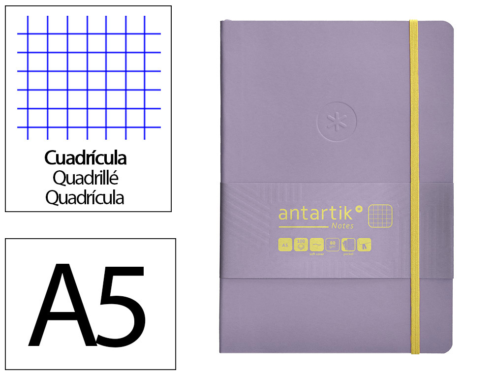 CADERNO COM ELASTICO ANTARTIK NOTES CAPA MOLE A5 QUADRICULADO ROXO E AMARELO 80 FOLHAS 80 GR FSC