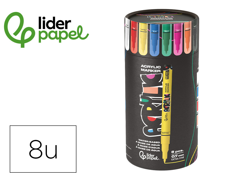 MARCADOR LIDERPAPEL ACRYLIC BASE AGUA TODO TIPO DE SUPERFICIE PONTA FINA 0,7 MM CAIXA DE 8 UNIDADES CORES