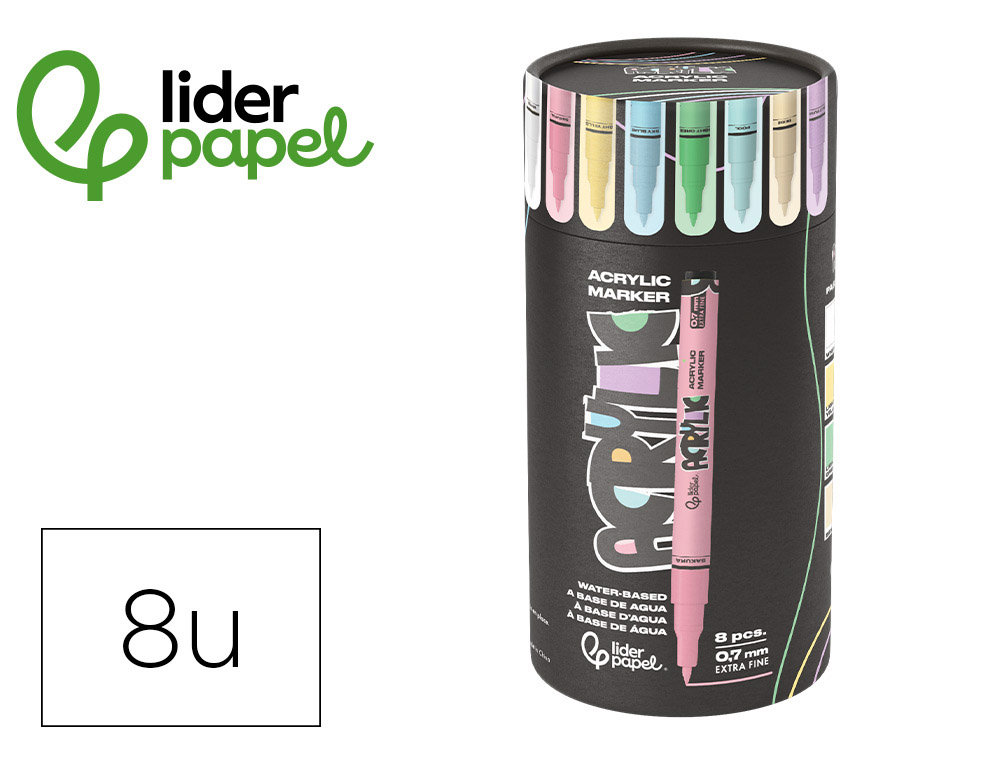 MARCADOR LIDERPAPEL ACRYLIC BASE AGUA TODO TIPO DE SUPERFICIE PONTA FINA 0,7 MM CAIXA DE 8 UND CORES PASTEL