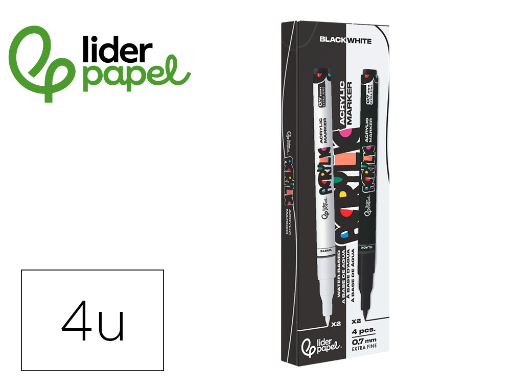 MARCADOR LIDERPAPEL ACRYLIC BASE AGUA TODO TIPO DE SUPERFICIE PONTA FINA 0,7 MM CAIXA DE 4 UNIDADES BRANCO E PRETO