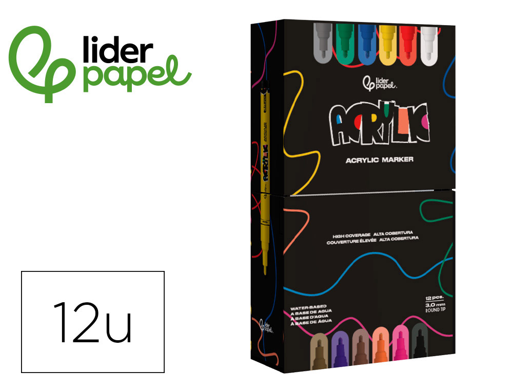 MARCADOR LIDERPAPEL ACRYLIC BASE AGUA TODO TIPO DE SUPERFICIE PONTA REDONDA 3 MM CAIXA DE 12 UNIDADES CORES