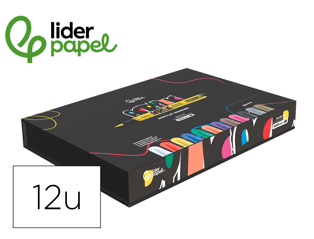 MARCADOR LIDERPAPEL ACRYLIC BASE AGUA TODO TIPO DE SUPERFICIE PONTA PINCEL CAIXA DE 12 UNIDADES CORES