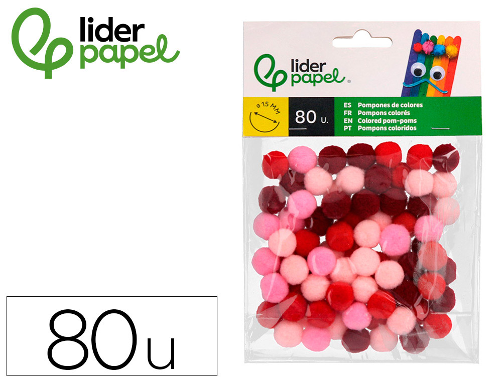 POMPONS DE CORES LIDERPAPEL 1,5 CM TONALIDADES VERMELHAS BOLSA COM 80 UNIDADES
