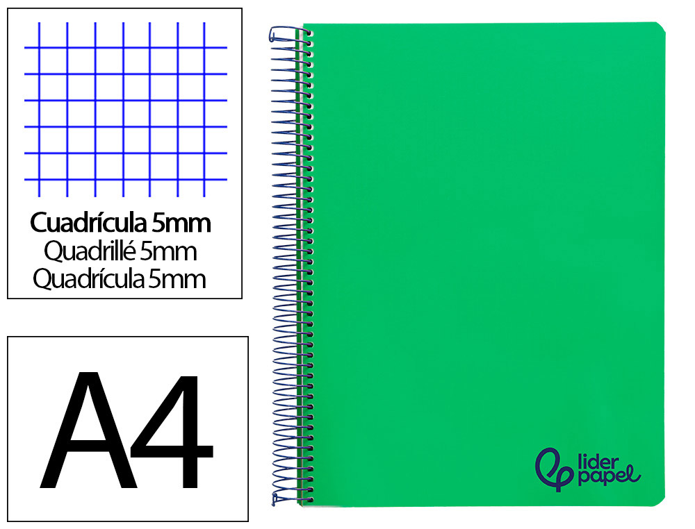 CADERNO ESPIRAL LIDERPAPEL A4 MICRO WONDER CAPA PLASTICO 120F 90GR QUADRICULA 5MM 5 BANDAS 4 FUROS COR VERDE ESCURO