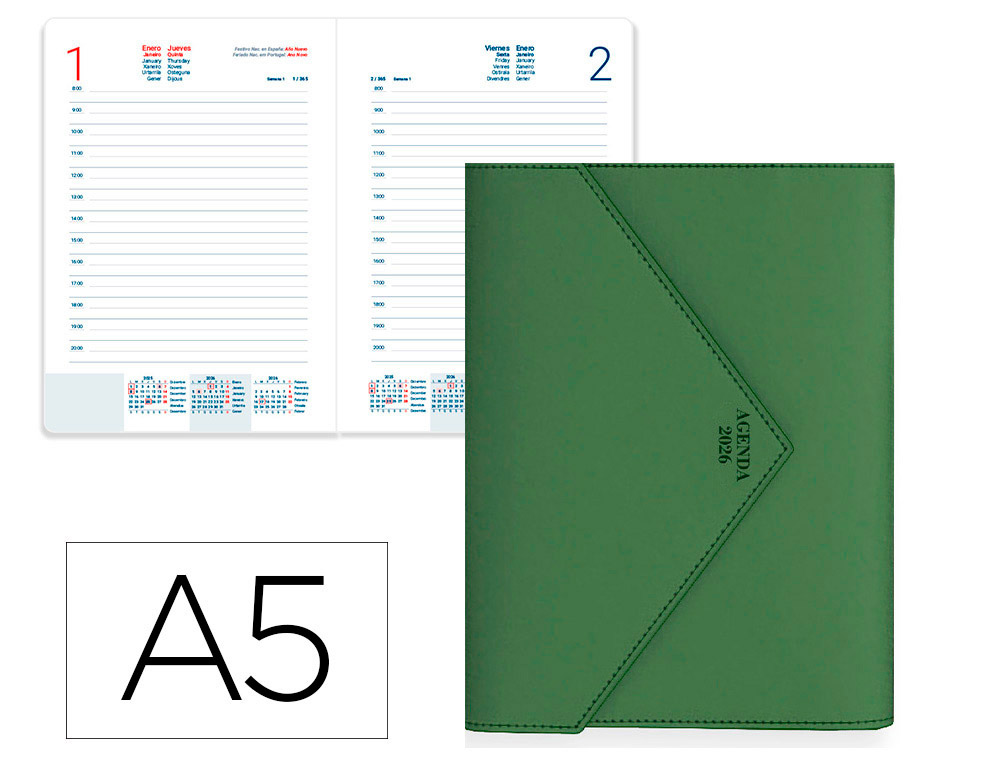 AGENDA ENCADERNADA LIDERPAPEL PSARA A5 2026 DIA PAGINA VERDE PAPEL 70 GR FSC