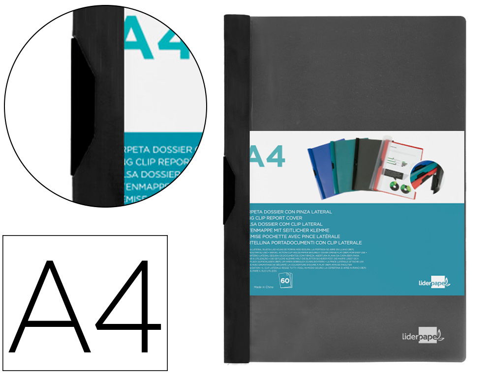 BOLSA DOSSIER LIDERPAPEL COM CLIP LATERAL DIN A4 PRETO 60 FOLHAS