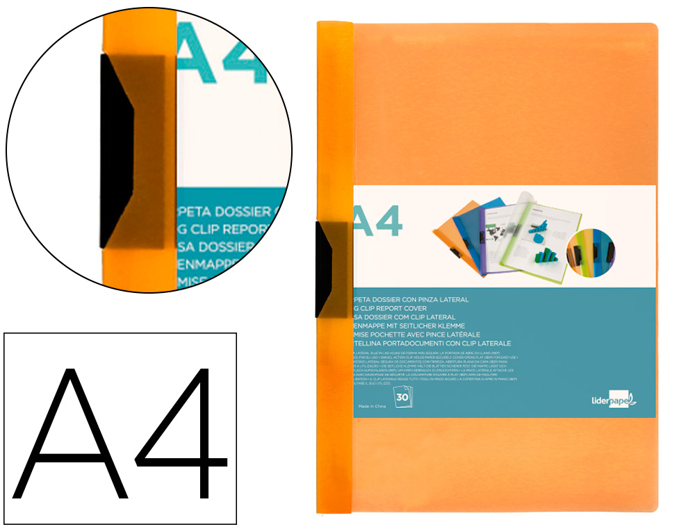 BOLSA DOSSIER LIDERPAPEL COM CLIP LATERAL DIN A4 LARANJA 30 FOLHAS