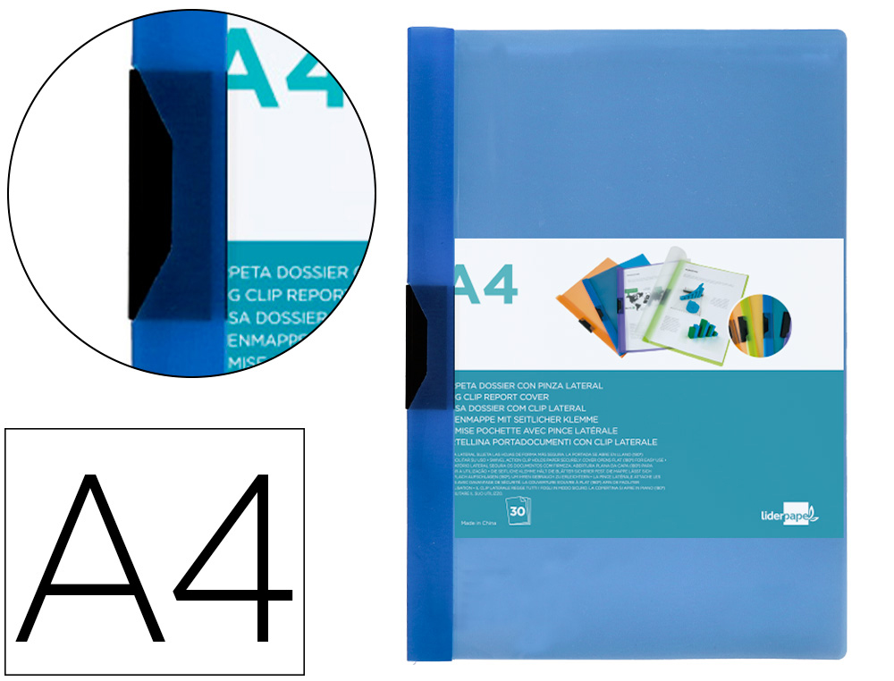 BOLSA DOSSIER LIDERPAPEL COM CLIP LATERAL DIN A4 AZUL 30 FOLHAS