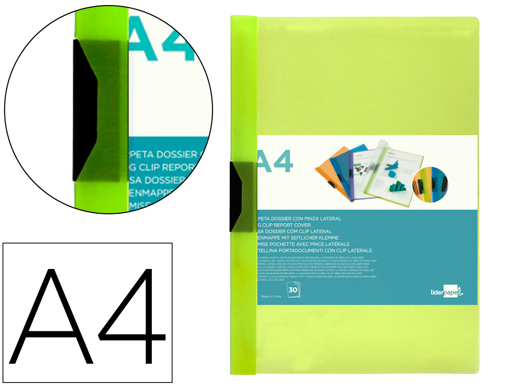 BOLSA DOSSIER LIDERPAPEL COM CLIP LATERAL DIN A4 VERDE 30 FOLHAS