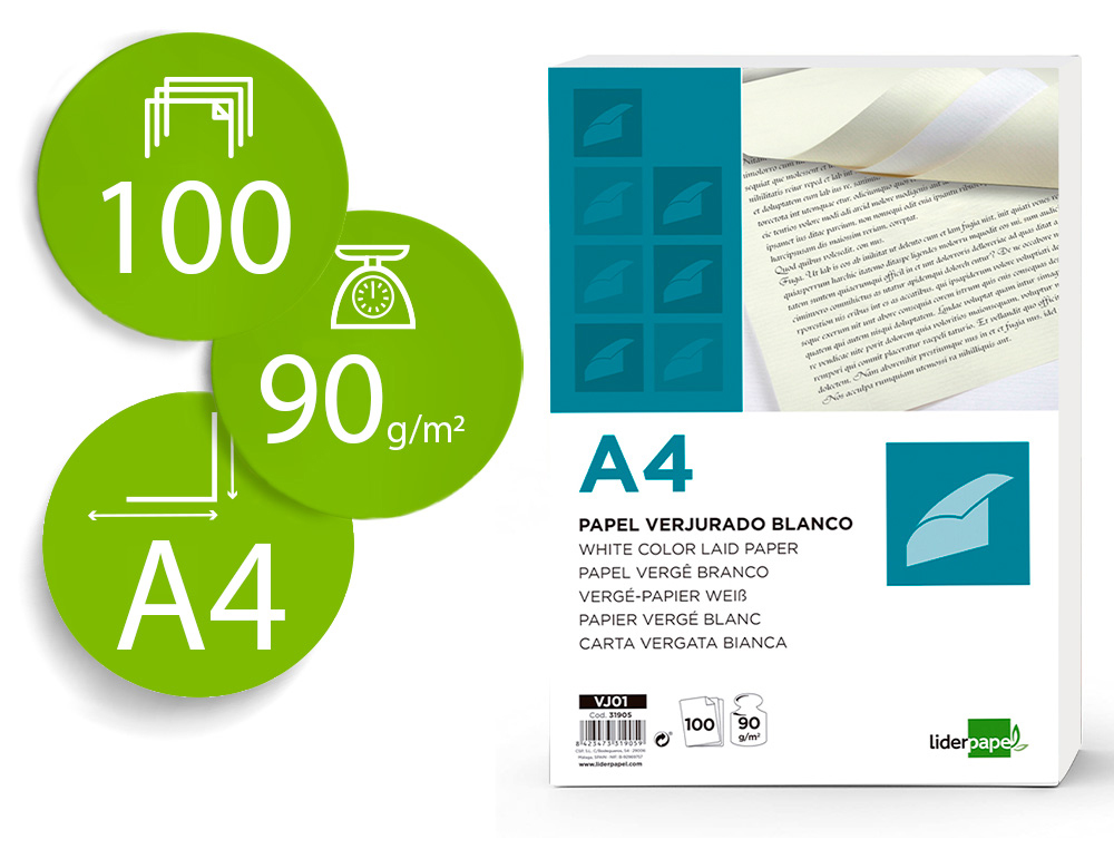 PAPEL VERGE LIDERPAPEL DIN A4 90 GR BRANCO EMBALAGEM DE 100 FOLHAS
