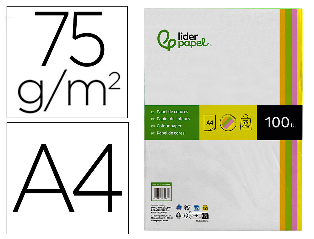 PAPEL DE COR LIDERPAPEL DIN A4 75 GR QUATRO CORES NEON SORTIDAS EMBALAGEM DE 100 FOLHAS