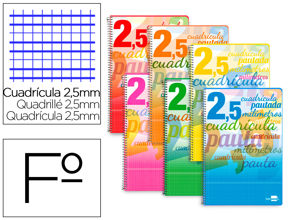 BLOC ESPIRAL LIDERPAPEL TAPA CARTONCILLO FOLIO 80 HOJAS CUADRICULADO PAUTADO 2,5 MM 70 GRS CON MARGEN COLORES