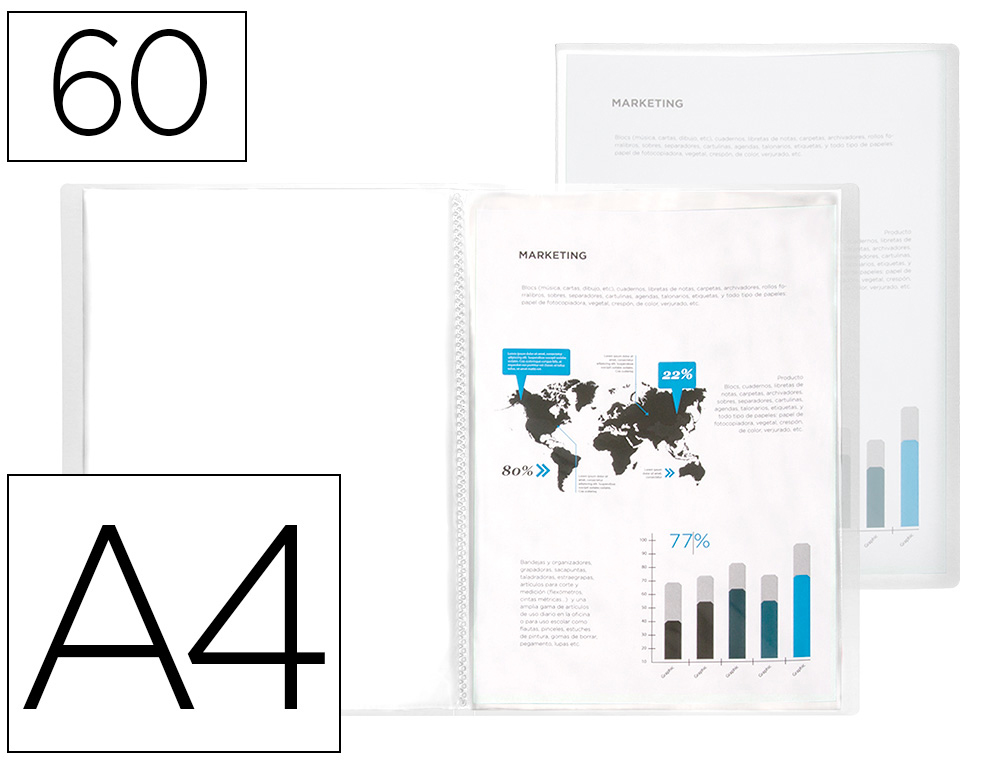 CAPA CATALOGO LIDERPAPEL 60 BOLSAS POLIPROPILENO DIN A4 TRASLUCIDA TRANSPARENTE