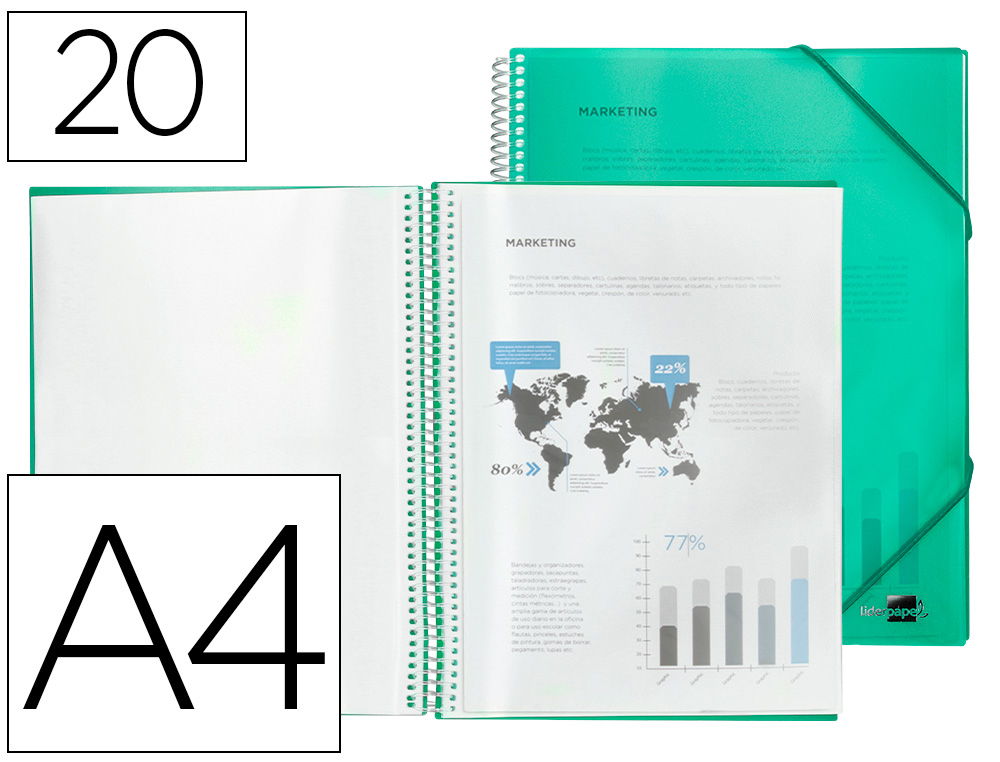 CAPA CATALOGO LIDERPAPEL COM ESPIRAL 20 BOLSAS POLIPROPILENO DIN A4 VERDE