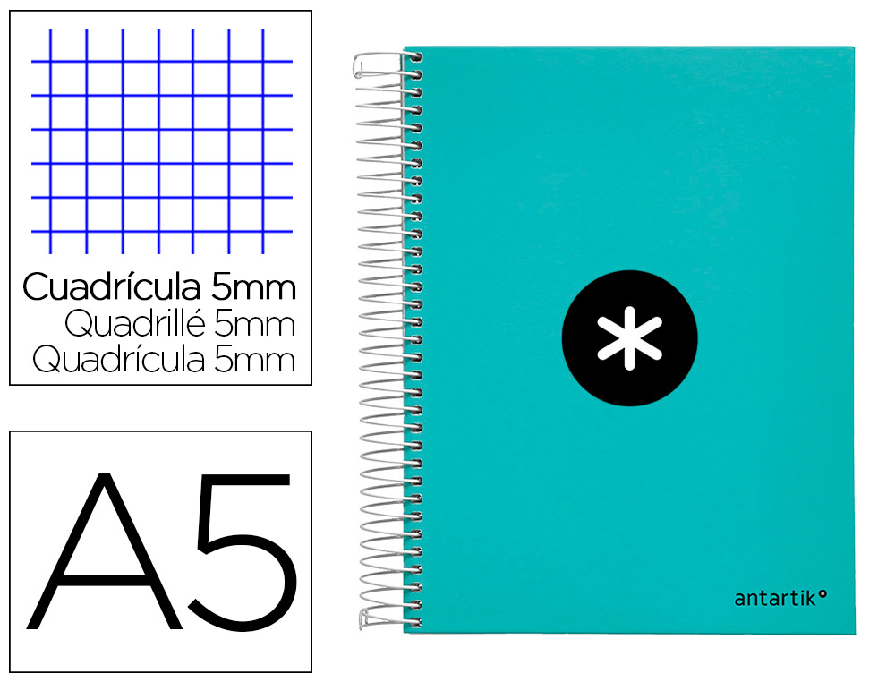 CADERNO ESPIRAL DIN A5 ANTARTIK CAPA FORRADA 120 F 100 GR QUADRICULA 5 MM 5 BANDAS DE CORES COR MENTA