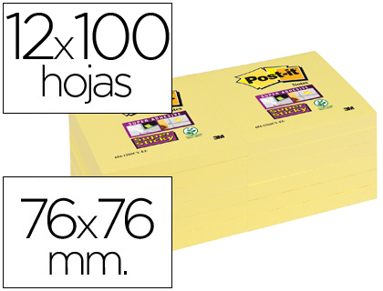 BLOCO DE NOTAS ADESIVAS POST-IT SUPER STICKY 76X76 MM CON 12 BLOCOS AMARELO CANARIO