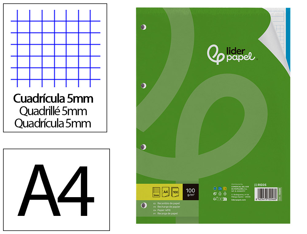 RECARGA LIDERPAPEL DIN A4 100 F 100 GR QUADRICULA5 MM SEM MARGEN 4 FUROS BANDAS DE 5 CORES