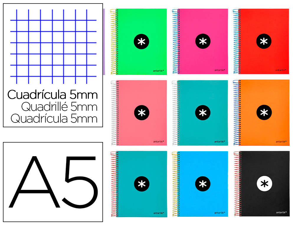 CADERNO ESPIRAL DIN A5 ANTARTIK CAPA FORRADA 120 F 90 GR QUADRICULA 5 MM 5 BANDAS 6 FUROS CORES SORTIDAS