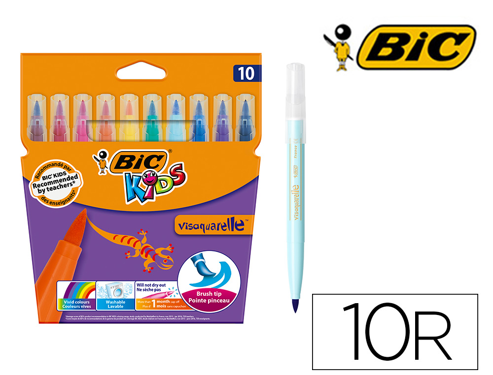 MARCADOR BIC KIDS VIS AQUARELLE ESTOJO DE 10 CORES PONTA PINCEL TINTA  BASE DE GUA