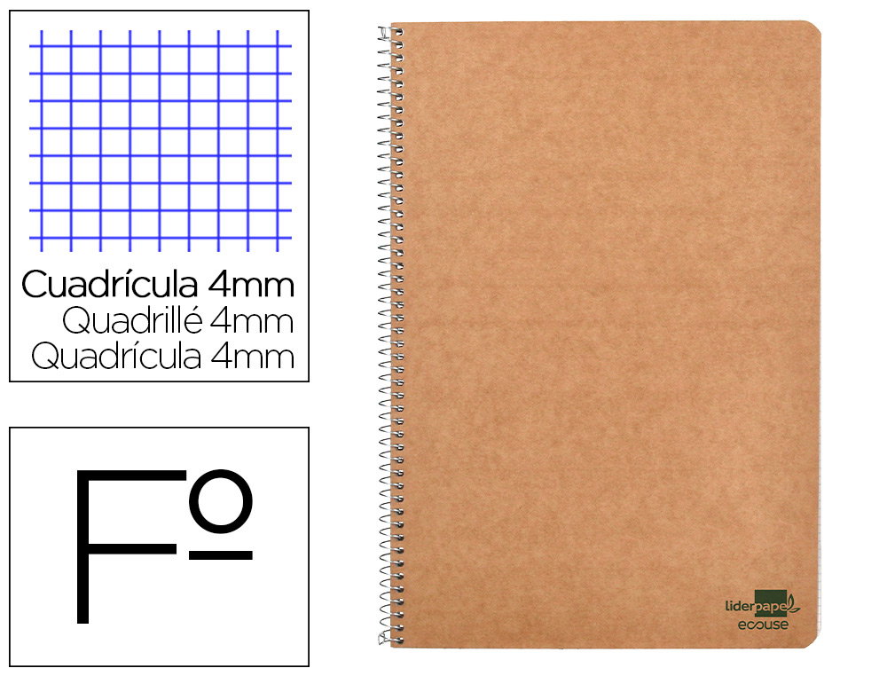 BLOC ESPIRAL LIDERPAPEL FOLIO ECOUSE TAPA CARTULINA KRAFT 80 HOJAS PAPEL RECICLADO 60 GR CUADRO 4 MM. CON MARGEN