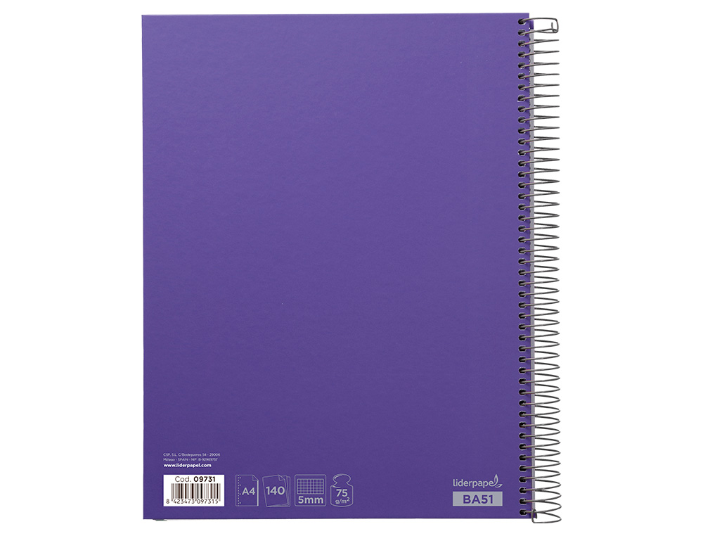 CADERNO ESPIRAL LIDERPAPEL DIN A4 JOLLY CAPA FORRADA 140 F 75 GR QUADRICULA 5MM 5 BANDAS DE CORES 4 FUROS COR LILAS