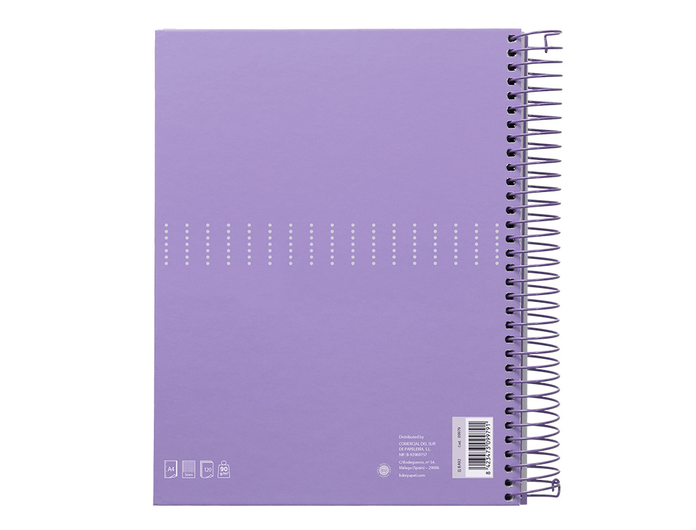CADERNO ESPIRAL LIDERPAPEL CRAFTY MICRO DIN A4 CAPA FORRADA 120 F 90 GR QUADRICULA 5MM 5 BANDAS DE CORES 4 FUROS COR VIO