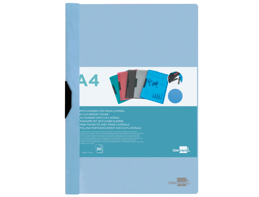 BOLSA DOSSIER LIDERPAPEL COM CLIP LATERAL DIN A4 CELESTE OPACO 30 FOLHAS