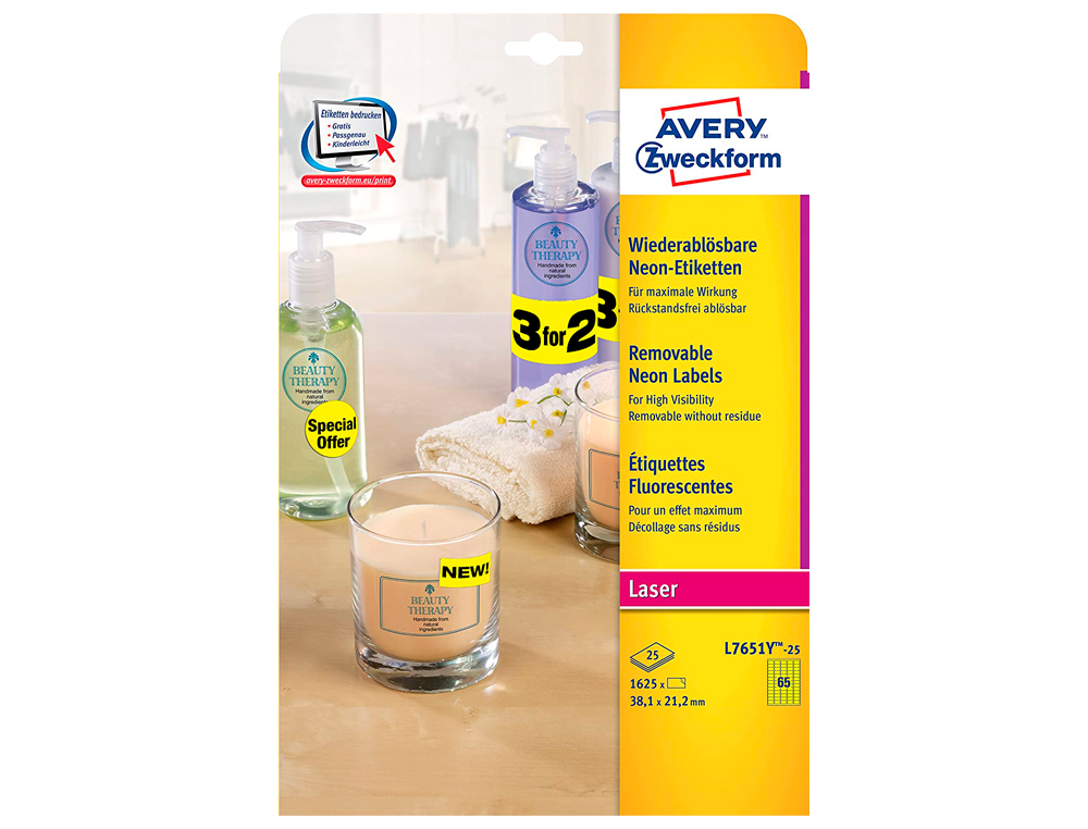 ETIQUETA ADESIVA AVERY TAMANHO 38,1X21,2 MM REMOVIVEL AMARELA FLUORESCENTE CAIXA DE 1625 UNIDADES