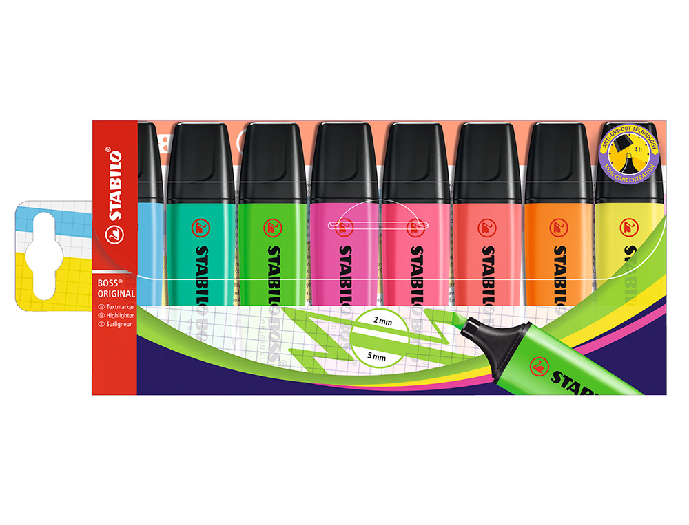 MARCADOR FLUORESCENTE STABILO BOSS 70 ESTOJO DE 8 UNIDADES CORES SORTIDAS