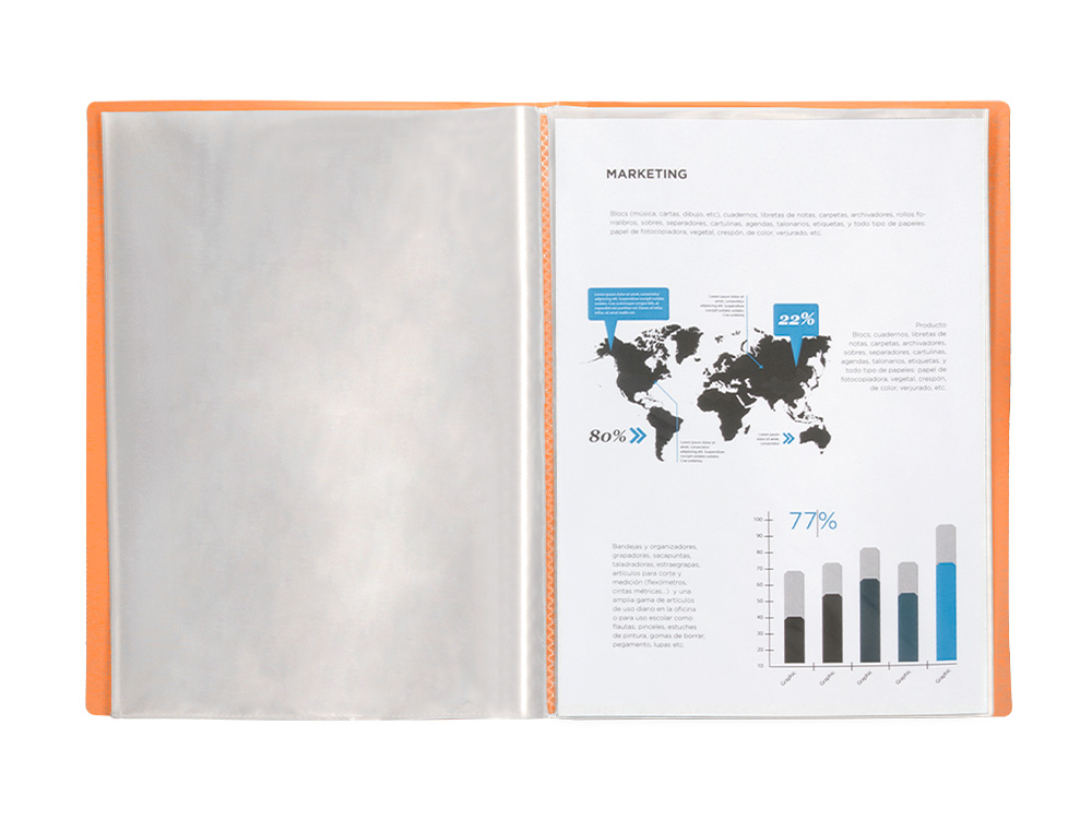 CAPA CATALOGO LIDERPAPEL 60 BOLSAS POLIPROPILENO DIN A4 LARANJA FLUOR OPACO