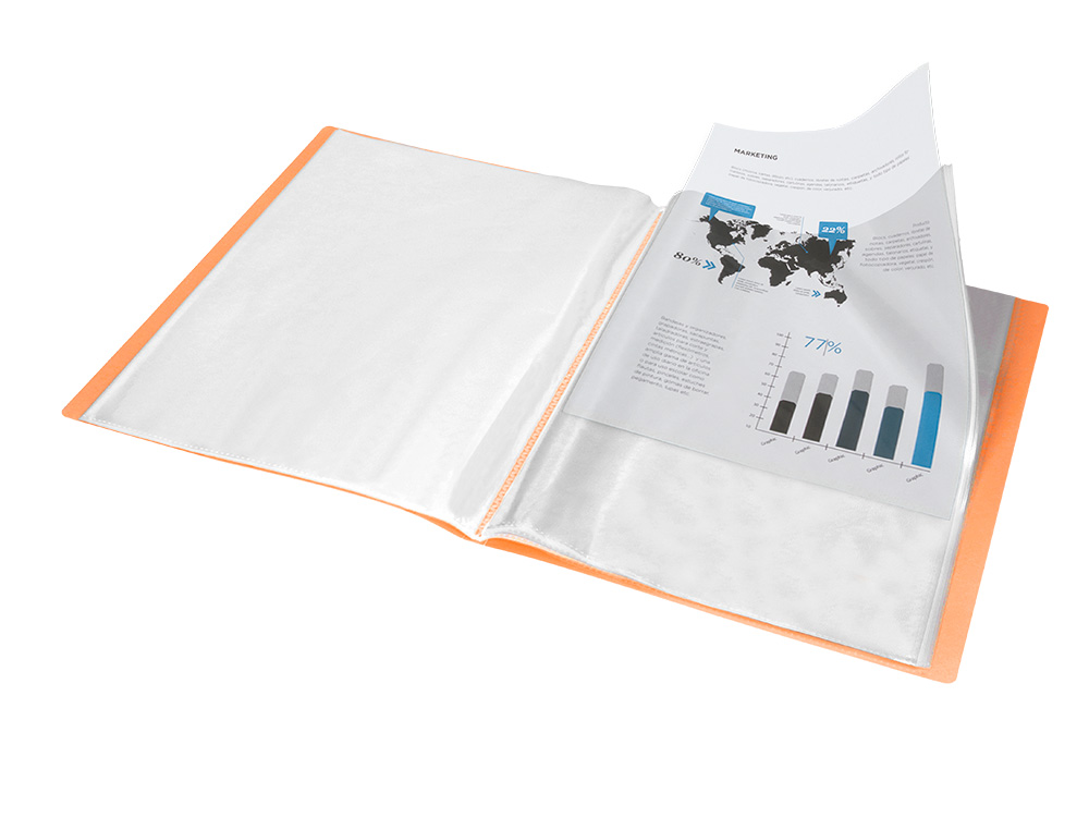 CAPA CATALOGO LIDERPAPEL 60 BOLSAS POLIPROPILENO DIN A4 LARANJA FLUOR OPACO