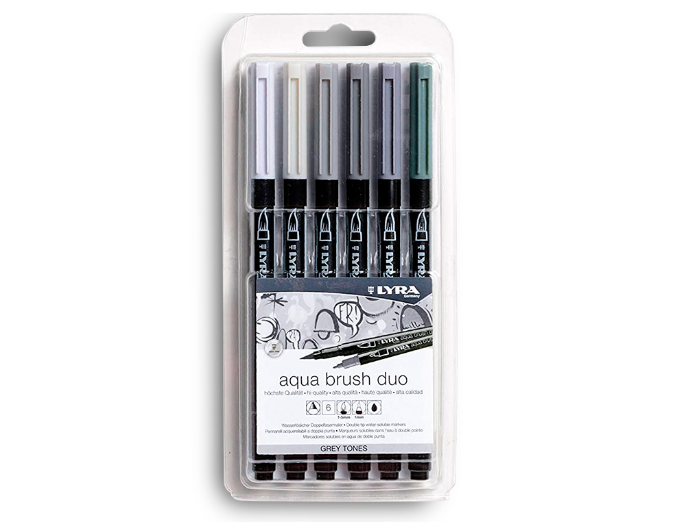 MARCADOR LYRA AQUA BRUSH AGUARELAVEL DUPLA PONTA E PINCEL TONS CINZAS BLISTER DE 6 UNIDADES SORTIDAS
