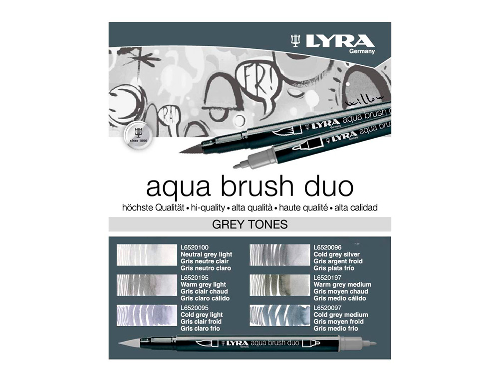 MARCADOR LYRA AQUA BRUSH AGUARELAVEL DUPLA PONTA E PINCEL TONS CINZAS BLISTER DE 6 UNIDADES SORTIDAS