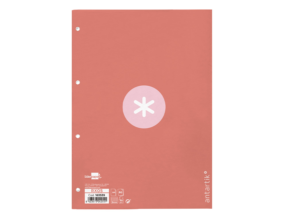 RECARGA COLADA ANTARTIK QUADRICULA DE 5MM DIN A4 100 F 90 GR 4 FUROS 1 BANDA MOLDURA COR ROSA