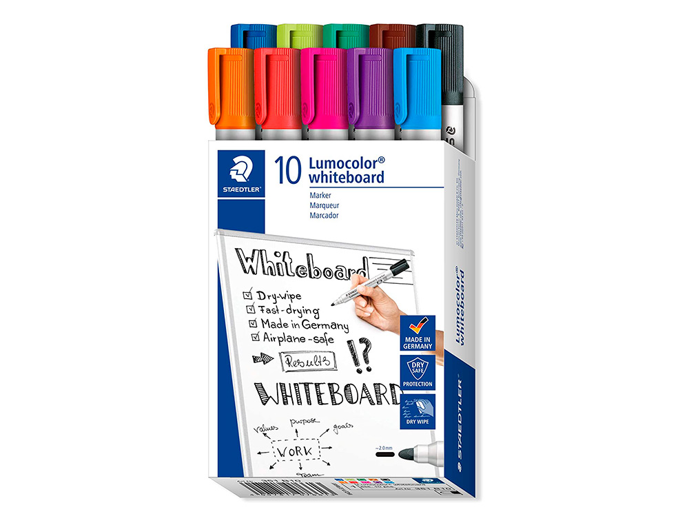 MARCADOR STAEDTLER LUMOCOLOR 351 PARA QUADRO BRANCO PONTA REDONDA 2 MM ESTOJO DE 10 UNIDADES CORES SORTIDAS