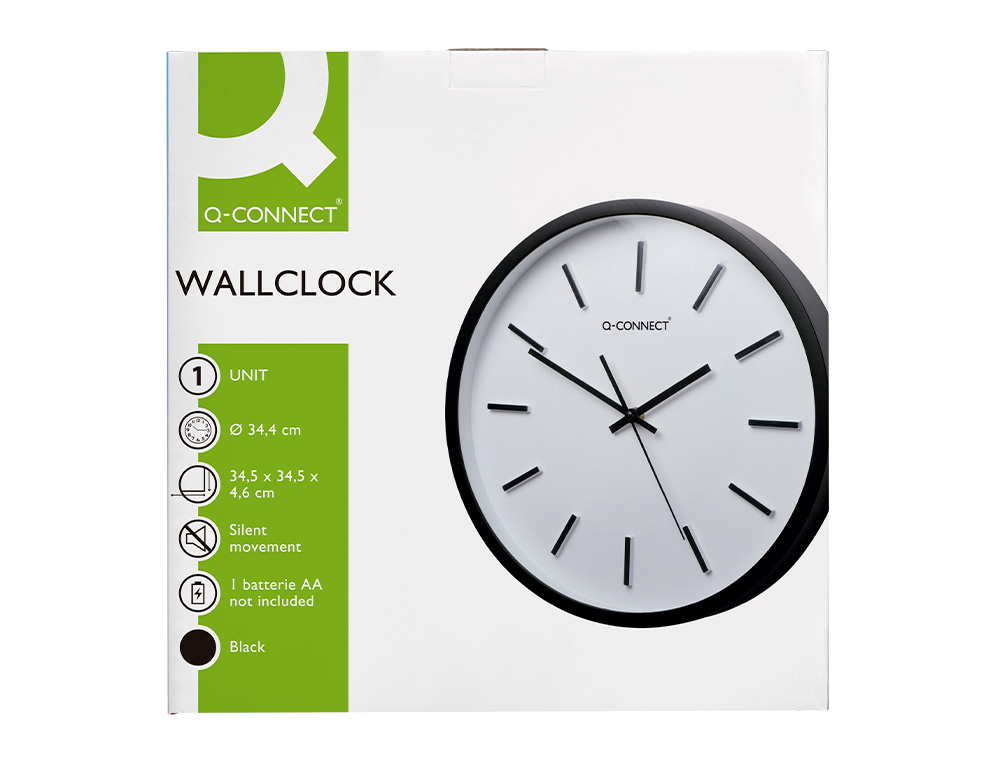 RELOGIO Q-CONNECT DE PAREDE DE PLASTICO REDONDO 34,4 CM MOVIMENTO SILENCIOSO COR PRETO