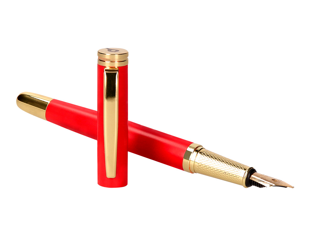 CANETA E ESTOJO COURO BELIUS PASSION DOR ALUMINIO TEXTURA ESCOVADO VERMELHO E DOURADO TINTA AZUL CAIXA DESIGN