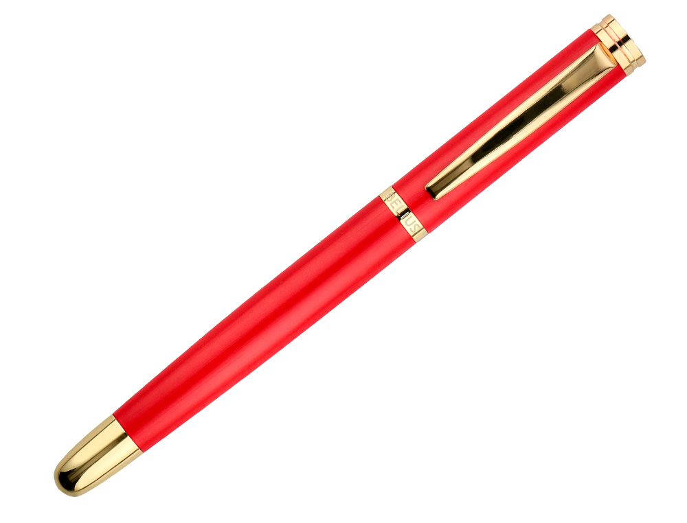 CANETA E ESTOJO COURO BELIUS PASSION DOR ALUMINIO TEXTURA ESCOVADO VERMELHO E DOURADO TINTA AZUL CAIXA DESIGN