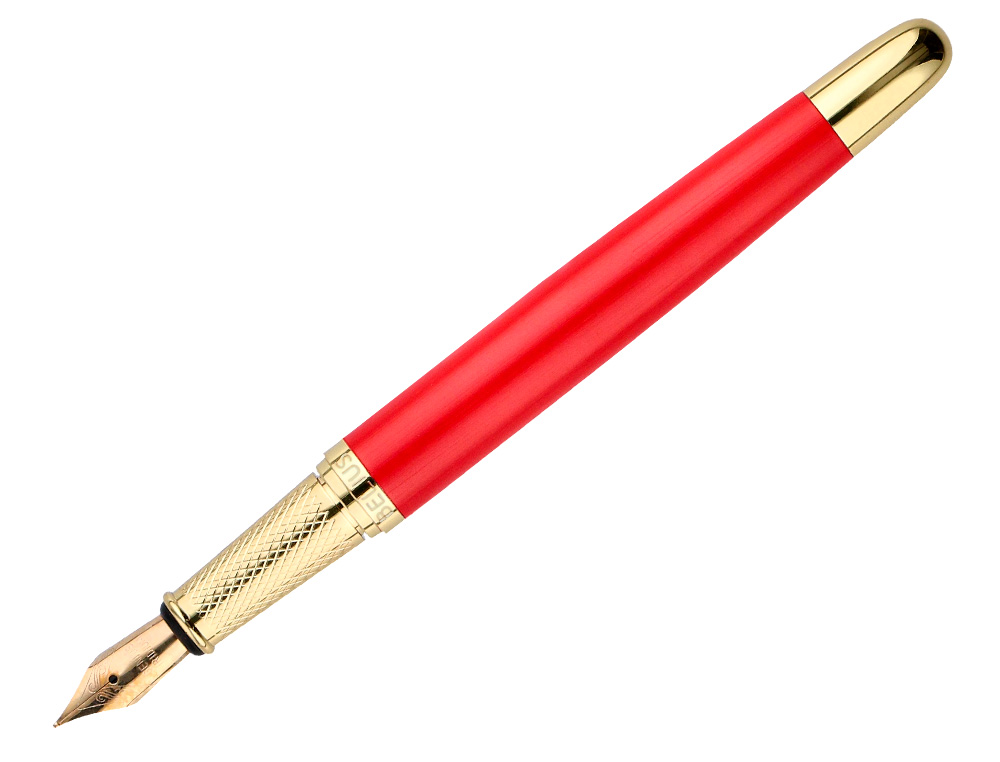 CANETA E ESTOJO COURO BELIUS PASSION DOR ALUMINIO TEXTURA ESCOVADO VERMELHO E DOURADO TINTA AZUL CAIXA DESIGN