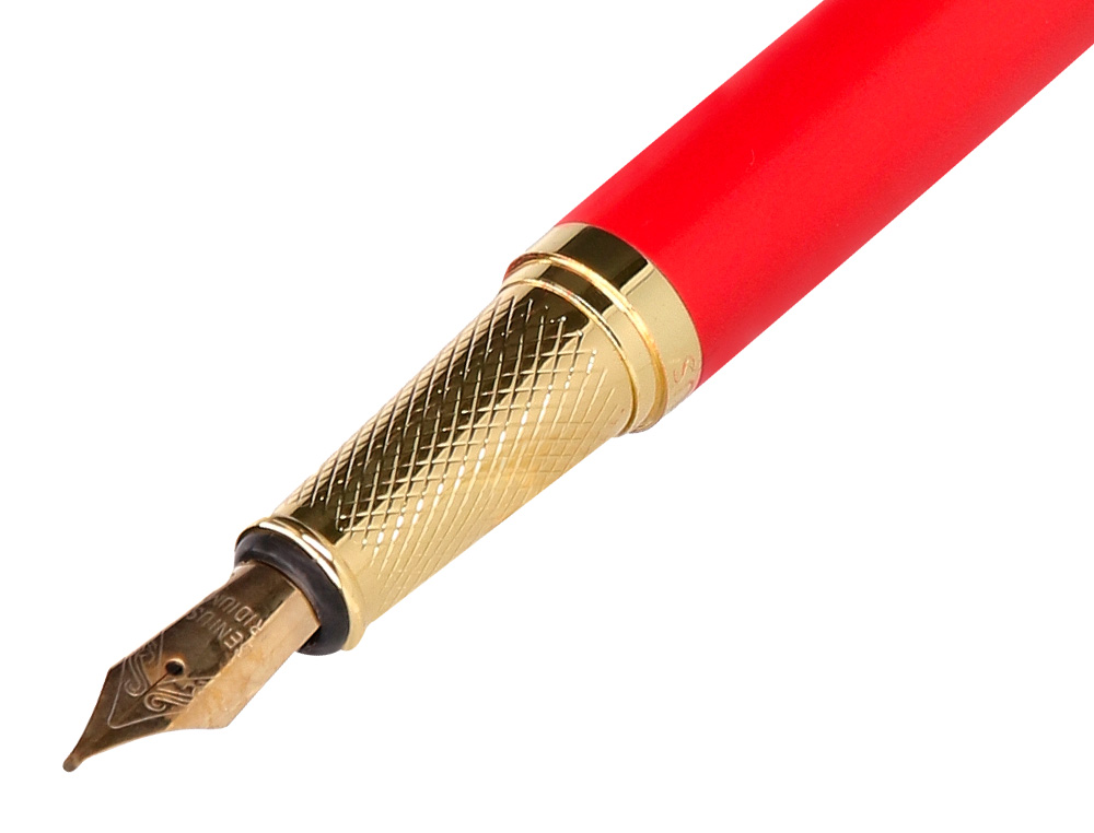 CANETA E ESTOJO COURO BELIUS PASSION DOR ALUMINIO TEXTURA ESCOVADO VERMELHO E DOURADO TINTA AZUL CAIXA DESIGN