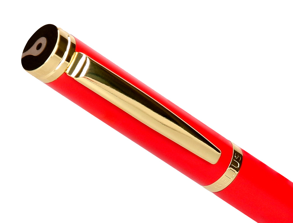 CANETA E ESTOJO COURO BELIUS PASSION DOR ALUMINIO TEXTURA ESCOVADO VERMELHO E DOURADO TINTA AZUL CAIXA DESIGN