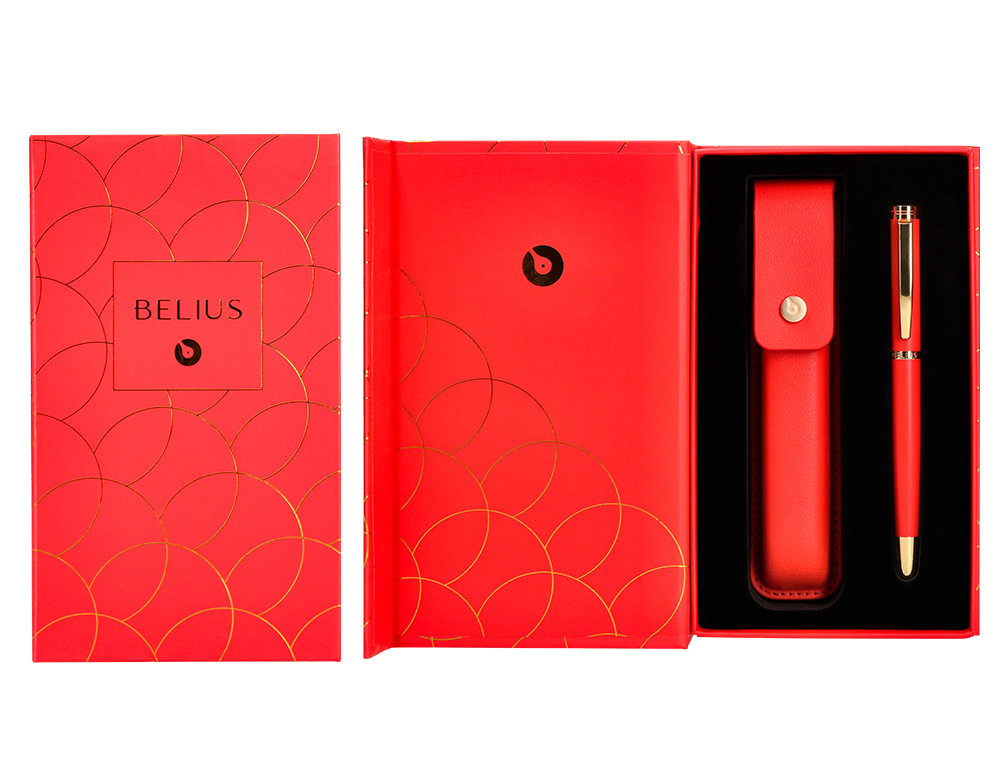 CANETA E ESTOJO COURO BELIUS PASSION DOR ALUMINIO TEXTURA ESCOVADO VERMELHO E DOURADO TINTA AZUL CAIXA DESIGN