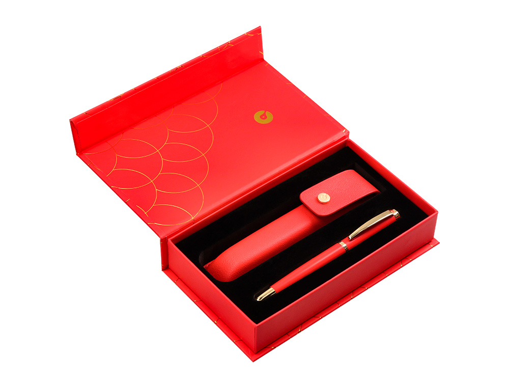 CANETA E ESTOJO COURO BELIUS PASSION DOR ALUMINIO TEXTURA ESCOVADO VERMELHO E DOURADO TINTA AZUL CAIXA DESIGN