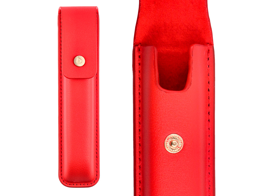 CANETA E ESTOJO COURO BELIUS PASSION DOR ALUMINIO TEXTURA ESCOVADO VERMELHO E DOURADO TINTA AZUL CAIXA DESIGN