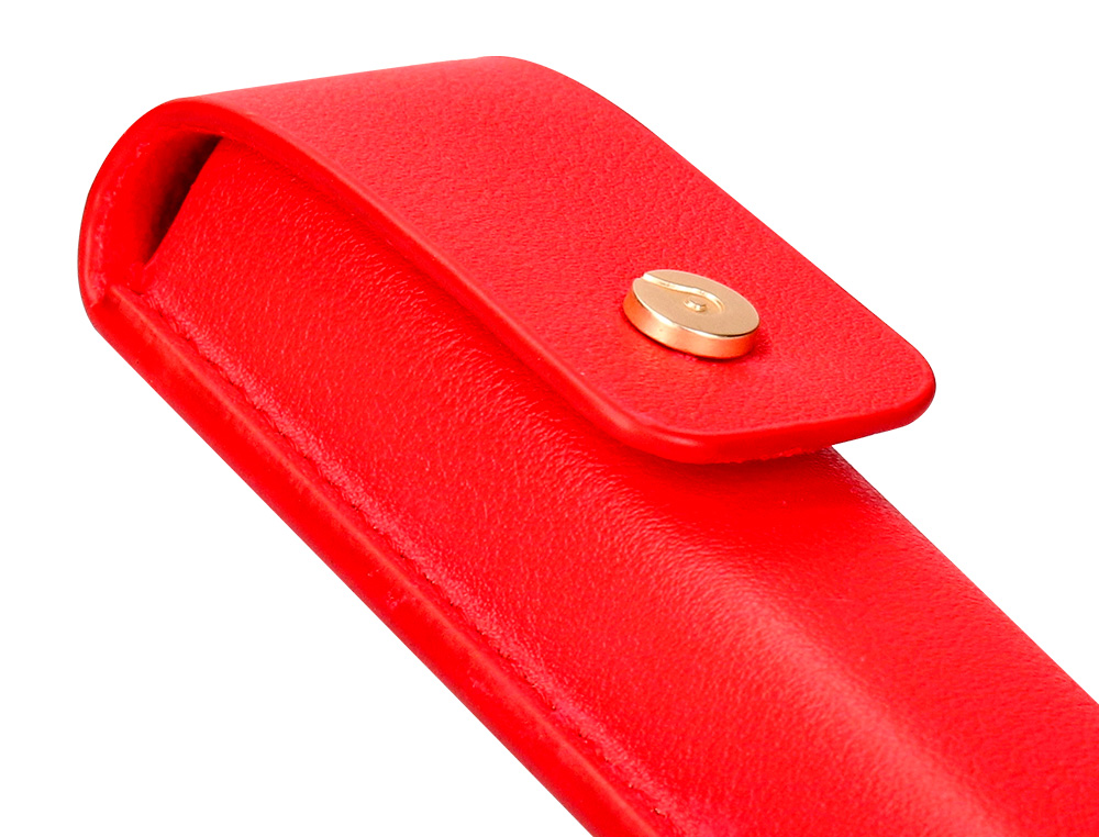 CANETA E ESTOJO COURO BELIUS PASSION DOR ALUMINIO TEXTURA ESCOVADO VERMELHO E DOURADO TINTA AZUL CAIXA DESIGN
