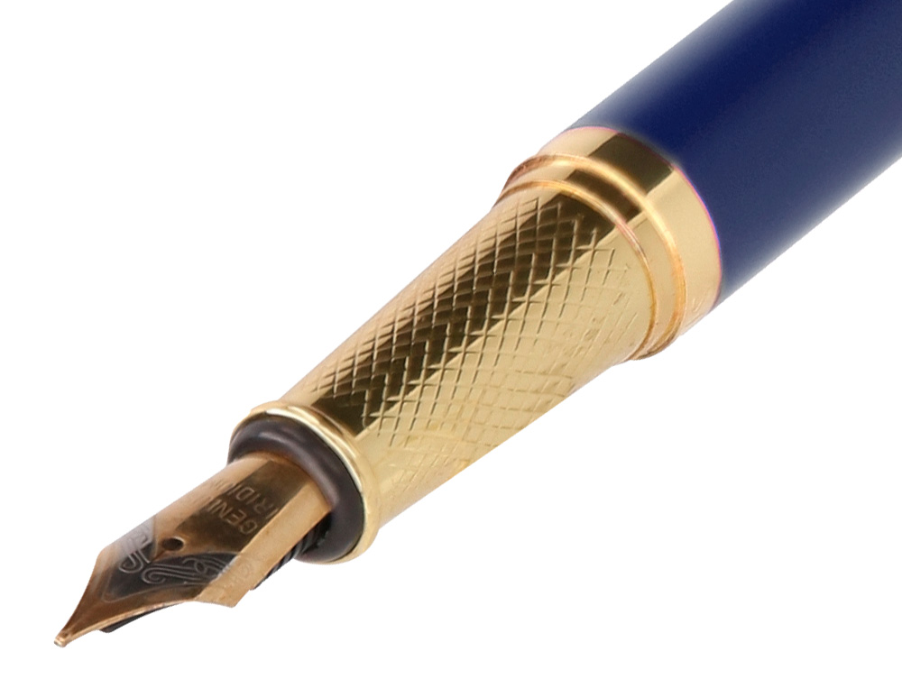 CANETA BELIUS SOIREE ALUMINIO DESENHO ART DECO AZUL MARINHO E DOURADO TINTA AZUL CAIXA DESIGN