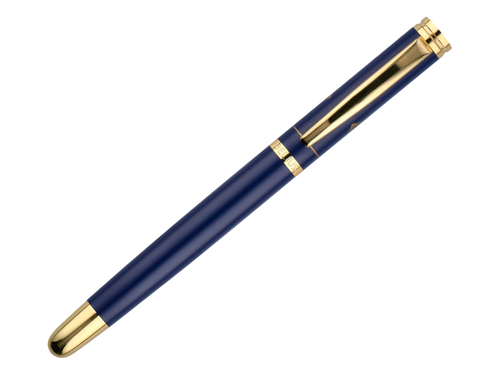 CANETA BELIUS SOIREE ALUMINIO DESENHO ART DECO AZUL MARINHO E DOURADO TINTA AZUL CAIXA DESIGN